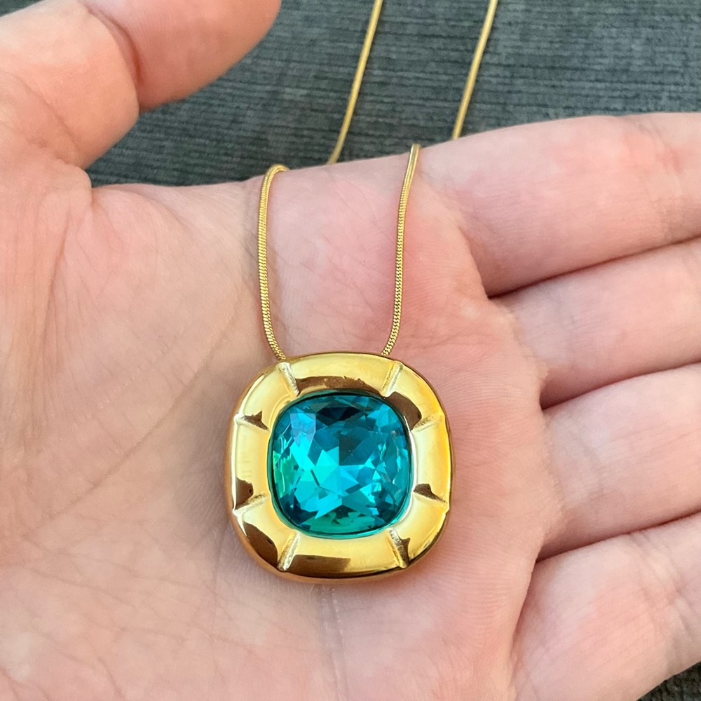 Blue Zircon Cushion Cut Crystal Necklace 18k Gold… - image 1